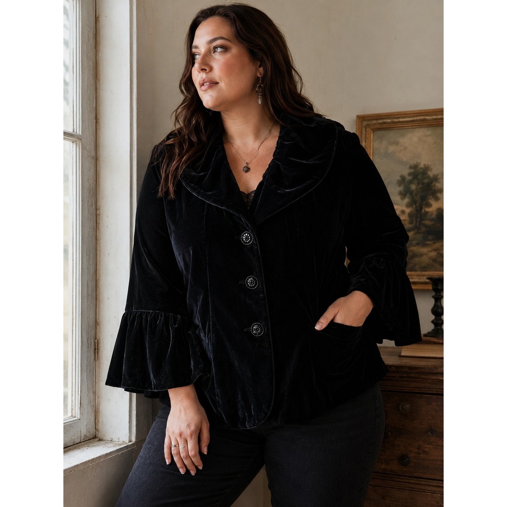 Black Velvet Bell Sleeve Blazer Plus Size Gothic Jacket Lane Bryant 16